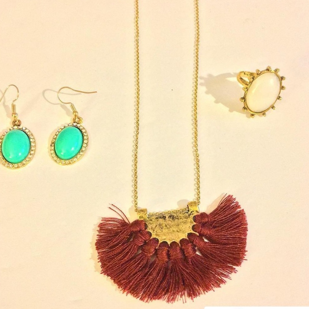 Gold and Maroon Tassel Necklace with Earrings Set Ring, Necklace, Earrings